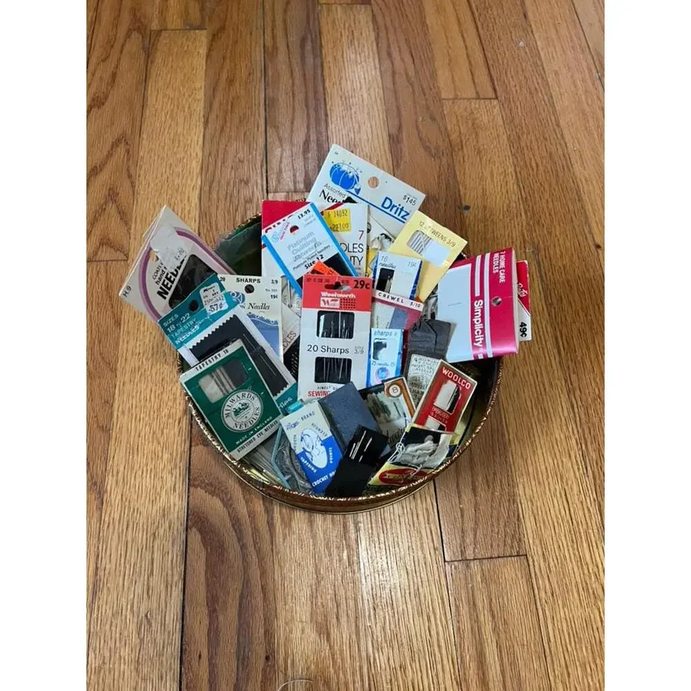 Vintage Sewing Needle Lot in Decorative Tin, Sewing Notions Craft Supply Lot